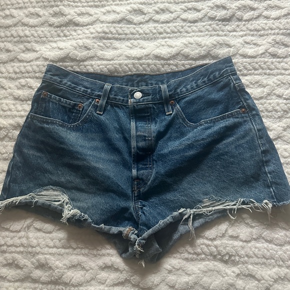 Levi's Pants - Classic High-Rise Distressed Denim Shorts - Blue